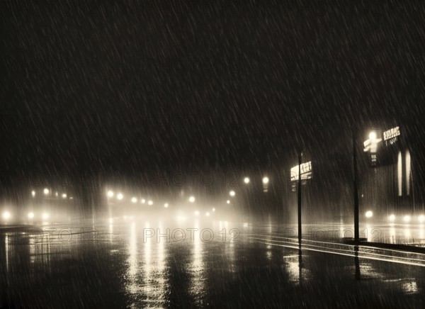 Film noir style image of a wet road in the rain at night with vehicle headlights and surrounding buildings reflected on the surface