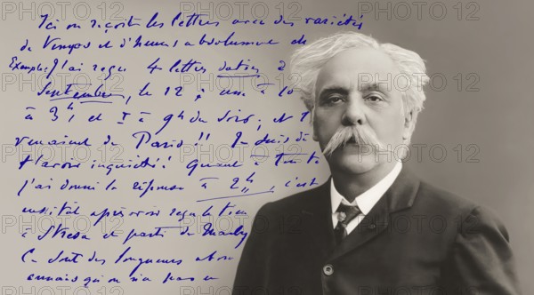 Portrait of Gabriel Fauré, 1845-1924, French composer, digitally edited according to a photograph by Pierre Petit, 1905, letter from Gabriel Fauré to Marie Fauré-Frémiet