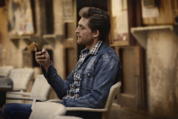 Young man with smartphone in an cafe outdoor sitting