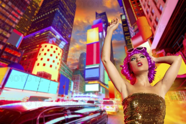 Party girl pink wig dancing in Times Square of New York Photomount