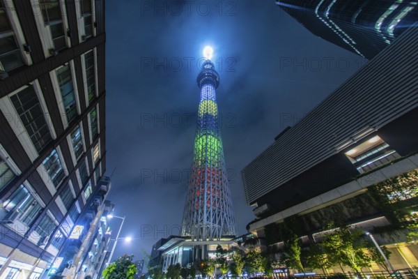 Tokyo Sky Tree of Olympic color. Shooting Location: Tokyo metropolitan area