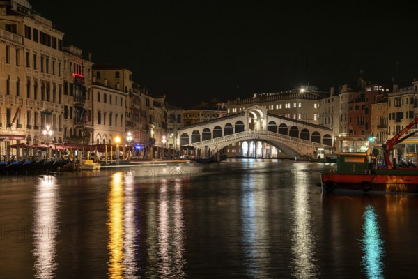 Rialto Bridge from Canal Grande at Night, Venice, Italy, Europe