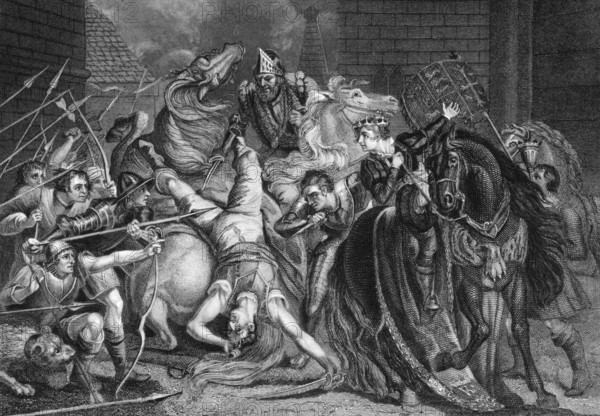 William Walworth Lord Mayor of London Killing Wat Tyler in Smithfiled in 1381 on engraving from the 1800s. Engraved by J.Rogers after a painting by J.Northcote and published by J.& F.Tallis