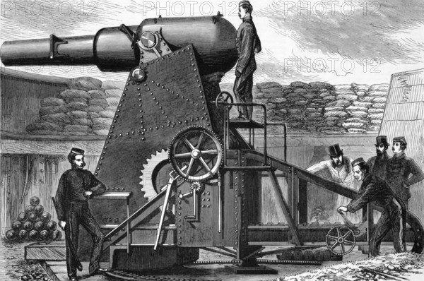 The Moncrieff Seven Ton Gun Carriage on engraving from 1800s
