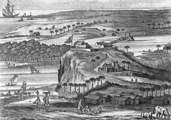 The fortress of Kalutara in Sri Lanka on engraving from 1672. Engraved by Baldaeus and published in his book Description of the Isle of Ceylon