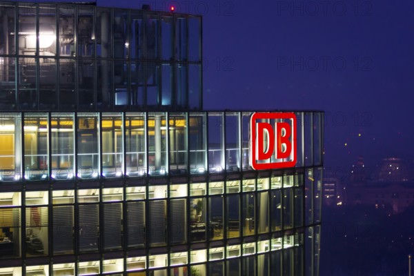 Berlin, Germany, February 2013: Deutsche Bahn, DB, office illuminated at night, Europe