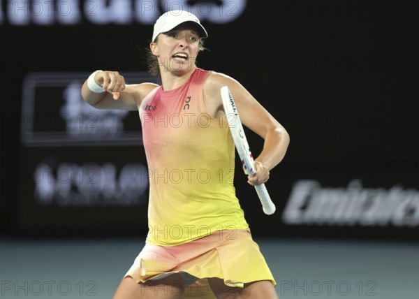 Polish tennis player Iga Swiatek celebrating at the Australian Open 2025 tournament, Melbourne Park, Melbourne, Victoria, Australia, Oceania