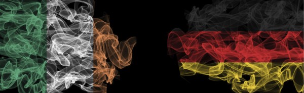 Flags of Ireland and Germany on Black background, Ireland vs Germany Smoke Flags