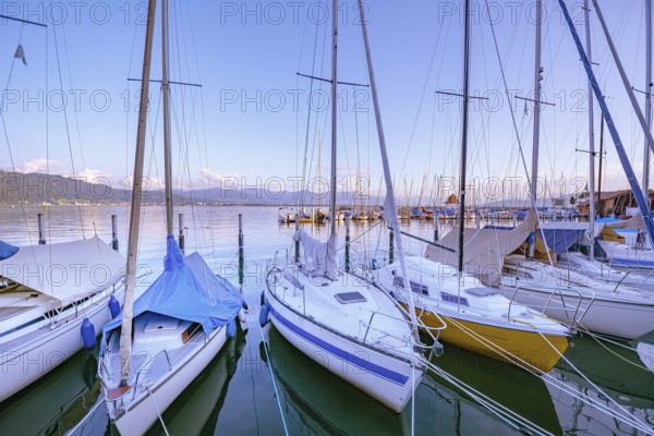 Moored yachts on Bodensee (Lake Constance) in Lindau, Germany Lindau, Germany, Europe
