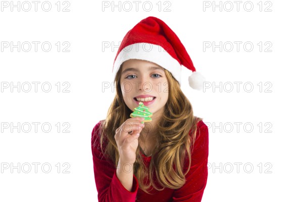 Christmas kid girl Xmas tree cookie isolated on white background