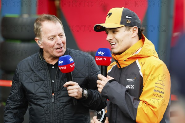 Lando Norris of Great Britain and McLaren Formula 1 Team chats to Martin Brundle after winning the Australian Formula 1 Grand Prix at Albert Park in Melbourne, Australia, Oceania