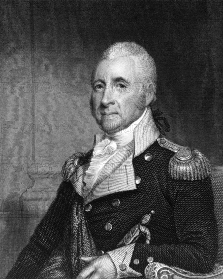 John Brooks (1752-1825) on engraving from 1835. Doctor, military officer and politician from Massachusetts. Engraved by and published in National Portrait Gallery of Distinguished Americans Volume II, USA, 1835, North America
