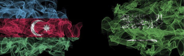 Flags of Azerbaijan and Saudi Arabia on Black background, Azerbaijan vs Saudi Arabia Smoke Flags