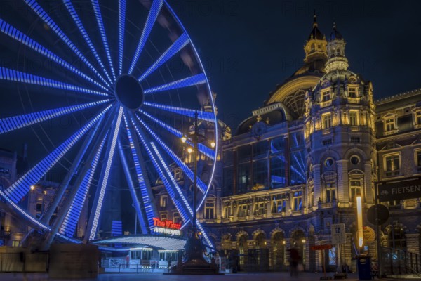 Antwerp, Belgium, March 21st 2024: The View ferris wheel on NMBS Central Railwaystation on Queen Astrid Square in Antwerp, Europe