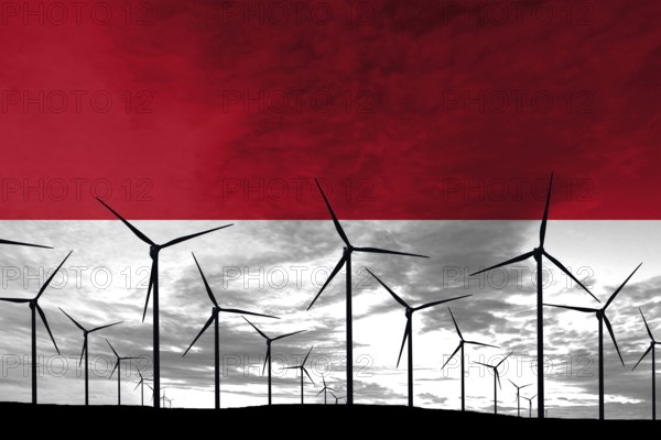 Indonesia flag wind farm at sunset, sustainable development, renewable energy Wind Turbines