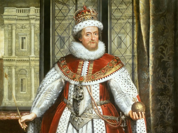 James VI and I, James Charles Stuart, 1566 – 1625, King of England, Scotland and Ireland, digitally edited after a painting by Paul van Somer, 1620