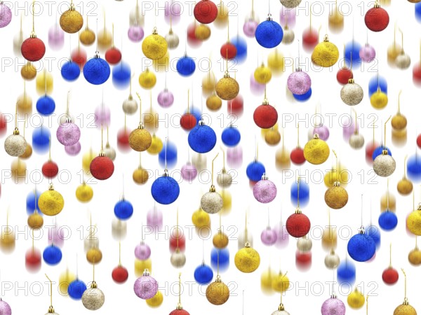 Falling New Year Multicolored Toys Against White Background