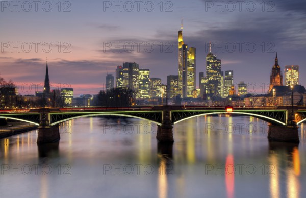 Frankfurt skyline at dusk with Ignatz Bubis bridge, Frankfurt - HDR version - Hesse, Germany Frankfurt, Germany, Europe