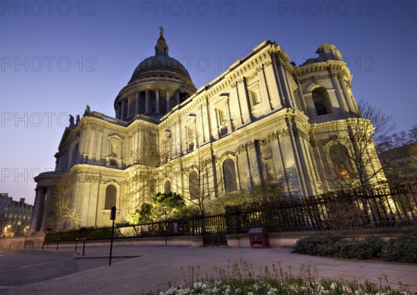 Illuminated St Paul's Cathedral at sunset wide angle version, City of London, England London, England