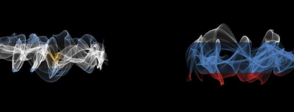 Flags of Argentina and Russia on Black background, Argentina vs Russia Smoke Flags