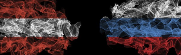 Flags of Austria and Russia on Black background, Austria vs Russia Smoke Flags
