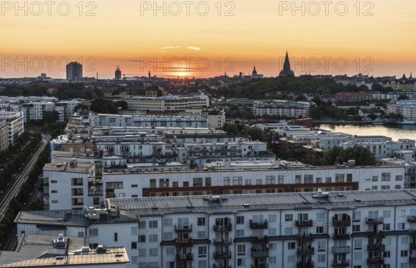 Stockholm, Sweden, 07 24 2019 Colorful sunset with a view over the city skyline taken from the Radisson hotel roof, Europe