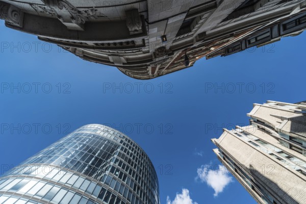Brussels Old Town, Brussels Capital Region Belgium, 09 02 2019 Abstract look up of modern financial buildings