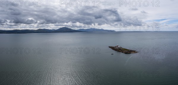 Aerial panorama view of the historic Fenit Lighthouse on Little Samphire Island in Tralee Bay