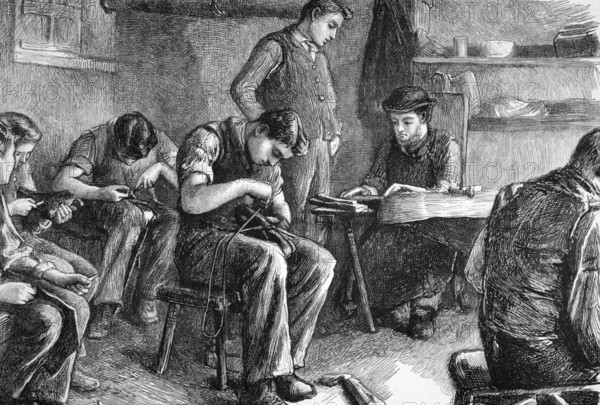 Shoemaking at the philanthropic society's farm school at redhill on engraving from 1872 published in the Graphic