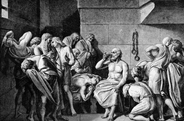 Socrates Drinking The Conium. Engraved by unknown engraver and published in Pictorial History Of The Worlds Great Nations, United States, 1882, North America