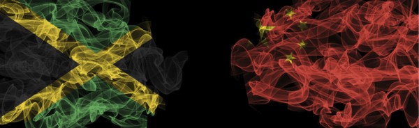 Flags of Jamaica and China on Black background, Jamaica vs China Smoke Flags