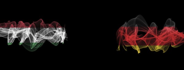 Flags of Hungary and Germany on Black background, Hungary vs Germany Smoke Flags