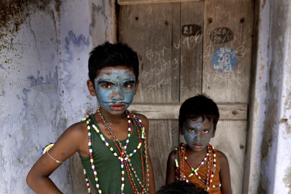 Children dress as Hindu Gods near Mutharamman temple, Tamil Nadu, India, Asia