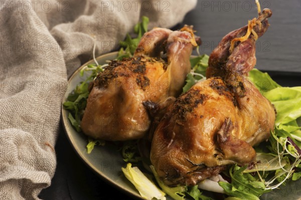 Baked tasty quails on ceramics plate with salad