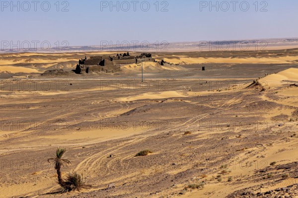 Expansive desert landscape with scattered ruins and a wide horizon under a clear sky, ruins in the Sahara in Algeria