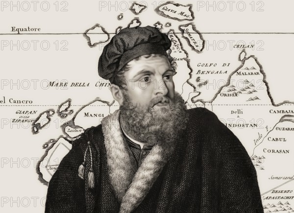 Marco Polo, c.?1254 –1324, an Italian merchant, explorer and writer, map of his travels, digital edited