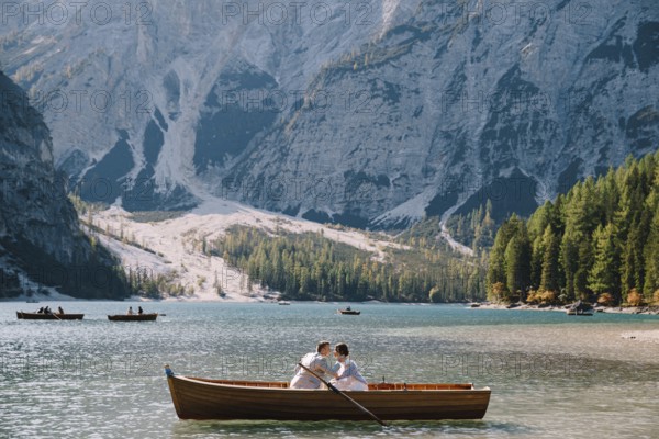 Bride and groom sail in a wooden boat at the Lago di Braies in Italy. Wedding in Europe, on Braies lake. The newlyweds are sitting in the boat and kissing