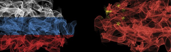 Flags of Russia and China on Black background, Russia vs China Smoke Flags