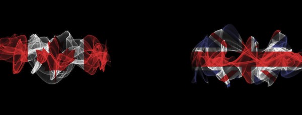 Flags of Canada and United Kingdom on Black background, Canada vs United Kingdom Smoke Flags