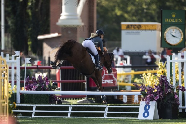 Jaydan Stettner of Canada and riding Ielinea JTL competes in the 1.45m Enbridge Cup at the Spruce Meadows, Masters, in Calgary, Alberta, Canada, North America