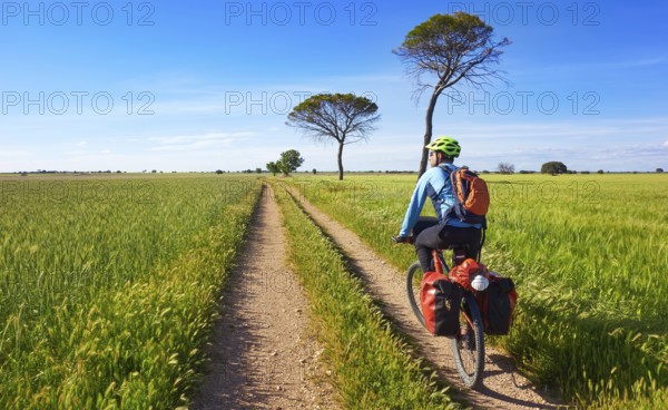 Biker by Camino de Santiago in bicycle at Saint James Way of Levante of Spain