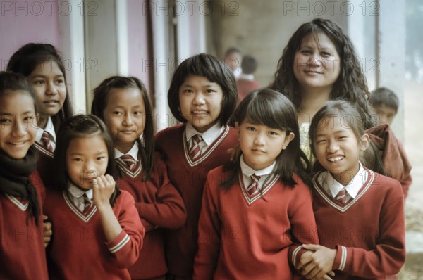 Lungdai, Mizoram, circa April 2012: Young girls dressed in red school uniforms and their teacher smile and look to photocamera at their school in Lungdai, Mizoram. Documentary editorial