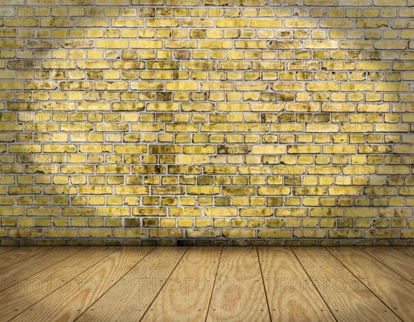 Room interior vintage with yellow brick wall and wood floor background