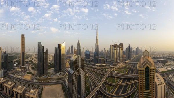 Dubai, UAE, July 21, 2018: Beautiful panoramic view of Dubai skyline just before sunset time