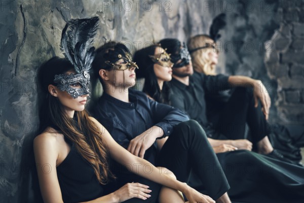 Group of friends in masquerade carnival mask sitting on floor relax after party. Beautiful women and men wearing venetian mask. Fashion, friends concept