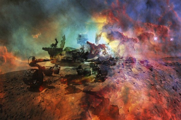 Curiosity rover exploring the surface of Mars. Science fiction wallpaper. Elements of this image furnished by NASA