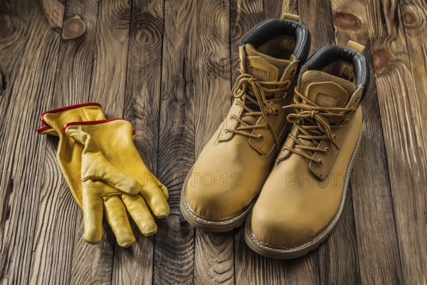 Construction safety tools yellow working gloves and leather working boots on vintage wooden background