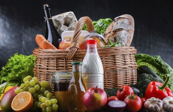 Wicker basket with assorted grocery products including fresh vegetables and fruits