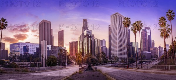 the skyline of los angeles during sunrise