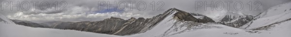 Scenic panorama of cold mountainous landscape of Pamir mountain range in Tajikistan